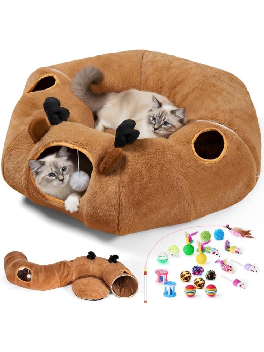 Cozy Cat Tunnel Bed with 20 Toys, 3-in-1 Plush Tube & Washable Mat for Kittens